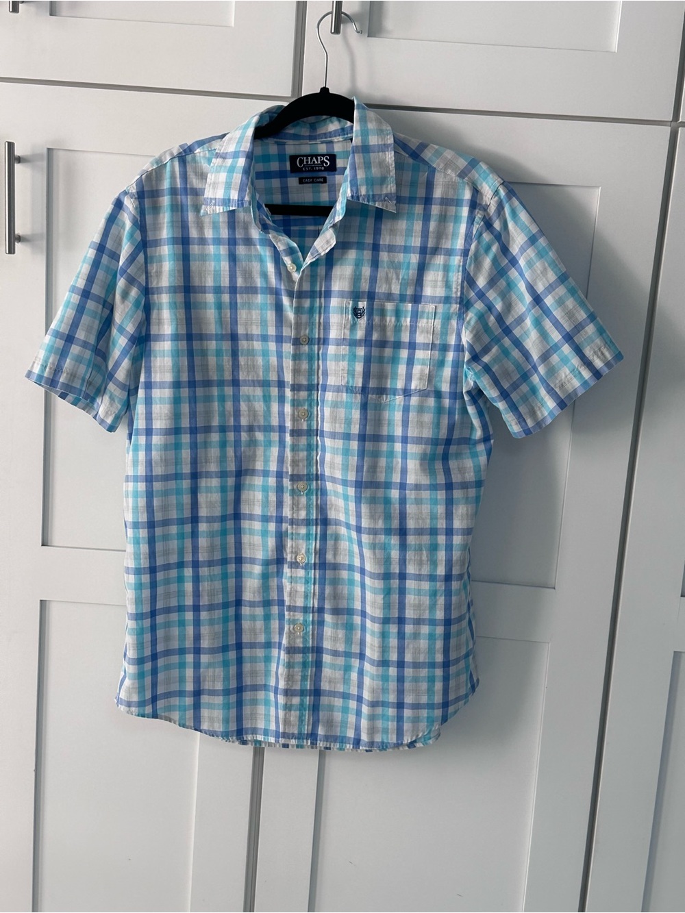 Chaps Plaid Short-Sleeve Button-Down Shirt in Light Blue and White